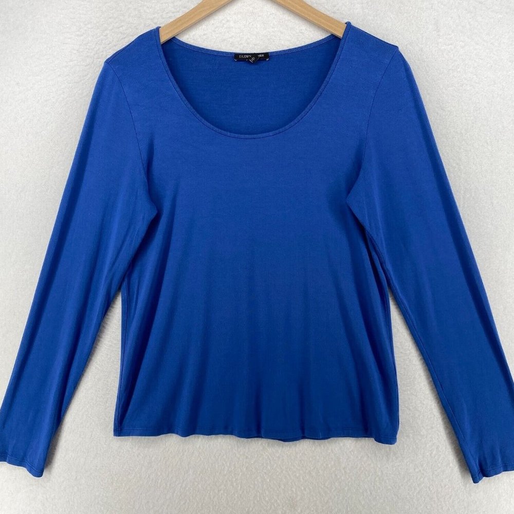 Eileen Fisher Stretch Blue Jersey Shirt Scoop Neck Long Sleeve Small